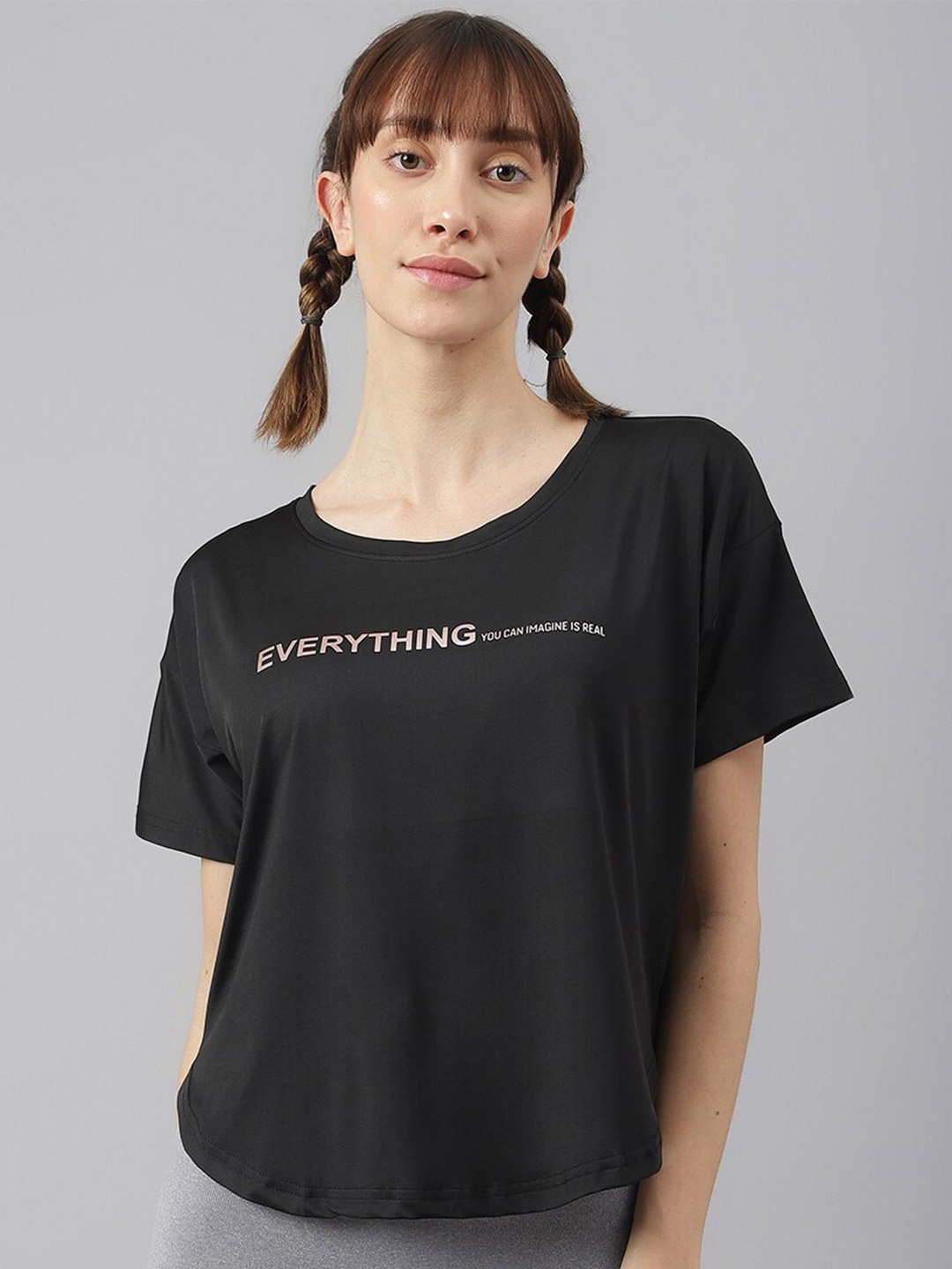 

MKH Women Typography Printed Drop-Shoulder Sleeves Dri-FIT Sports T-shirt, Black