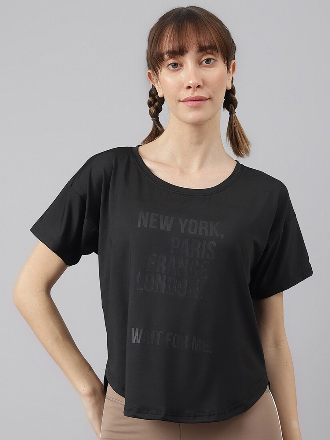 

MKH Women Typography Printed Extended Sleeves Dri-FIT Sports T-shirt, Black