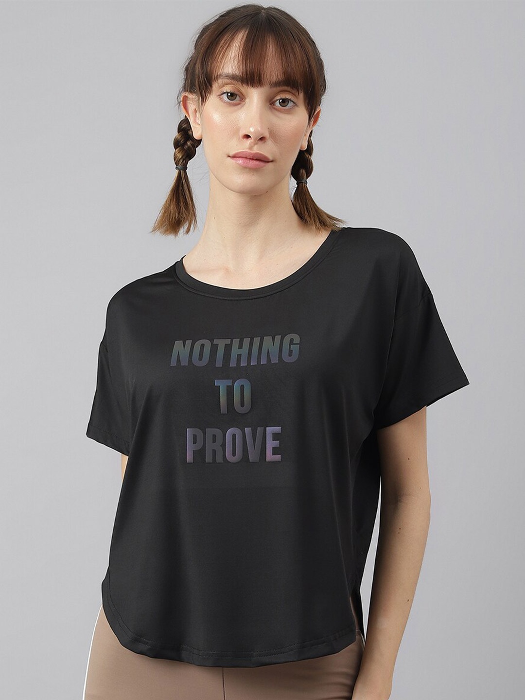 

MKH Women Typography Printed Dri-FIT Sports T-shirt, Black