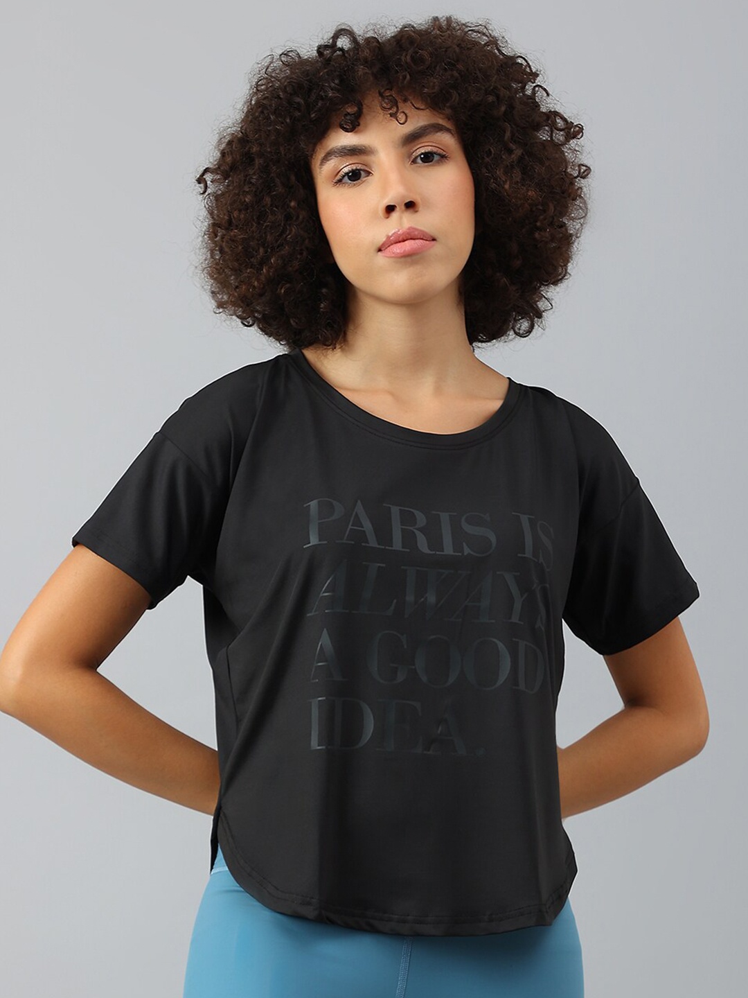 

MKH Women Typography Printed Dri-FIT Sports T-shirt, Black
