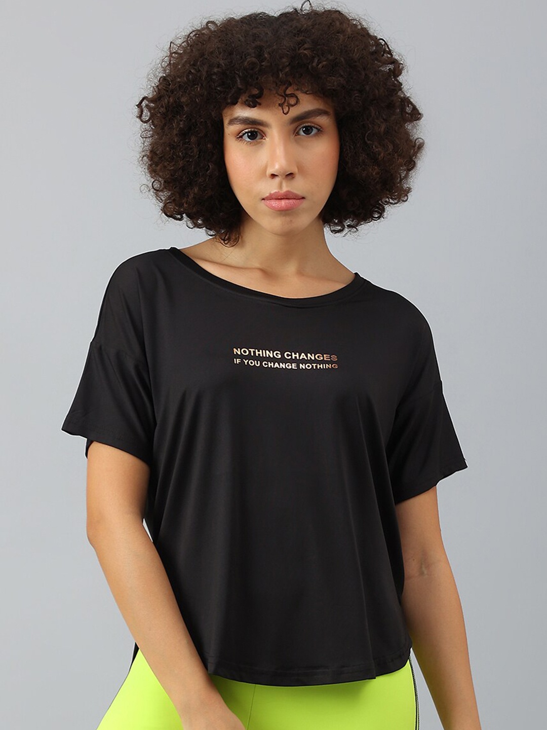 

MKH Women Typography Printed Dri-FIT Sports T-shirt, Black