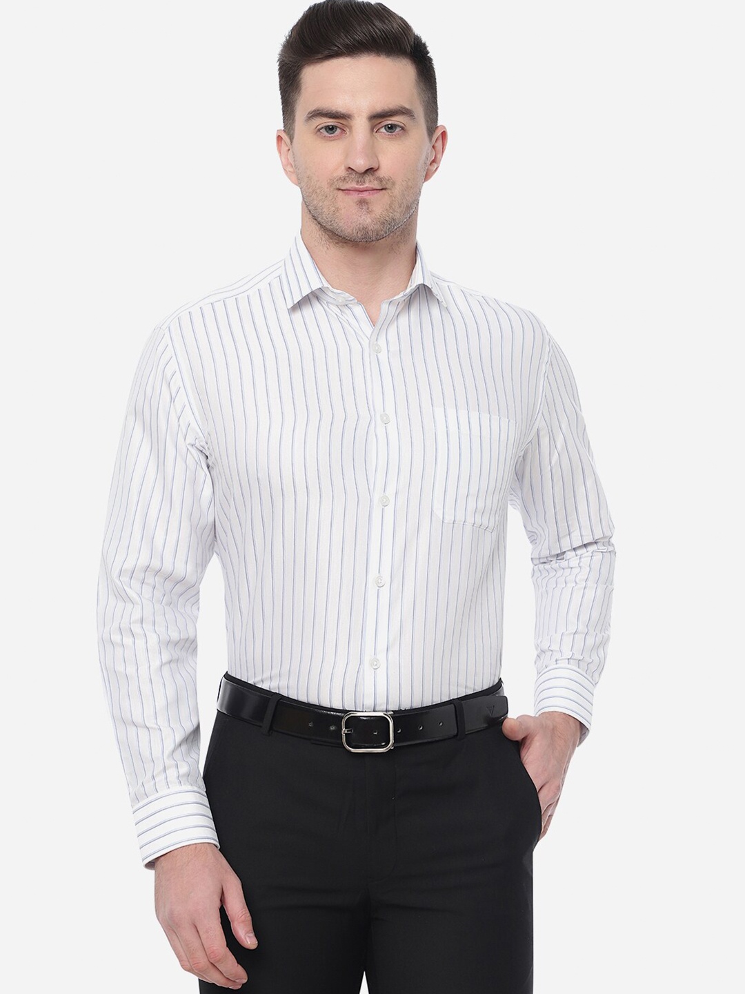 

Greenfibre Men Striped Cotton Formal Shirt, White