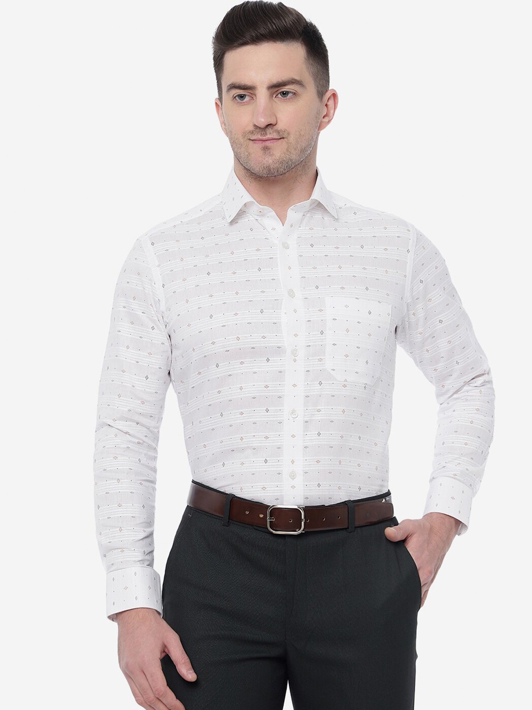 

Greenfibre Men Slim Fit Printed Cotton Formal Shirt, White