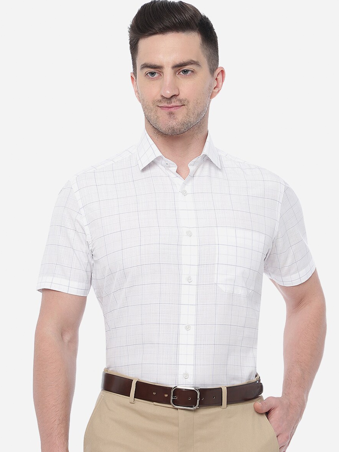 

Greenfibre Men Grid Tattersall Checked Cotton Formal Shirt, White