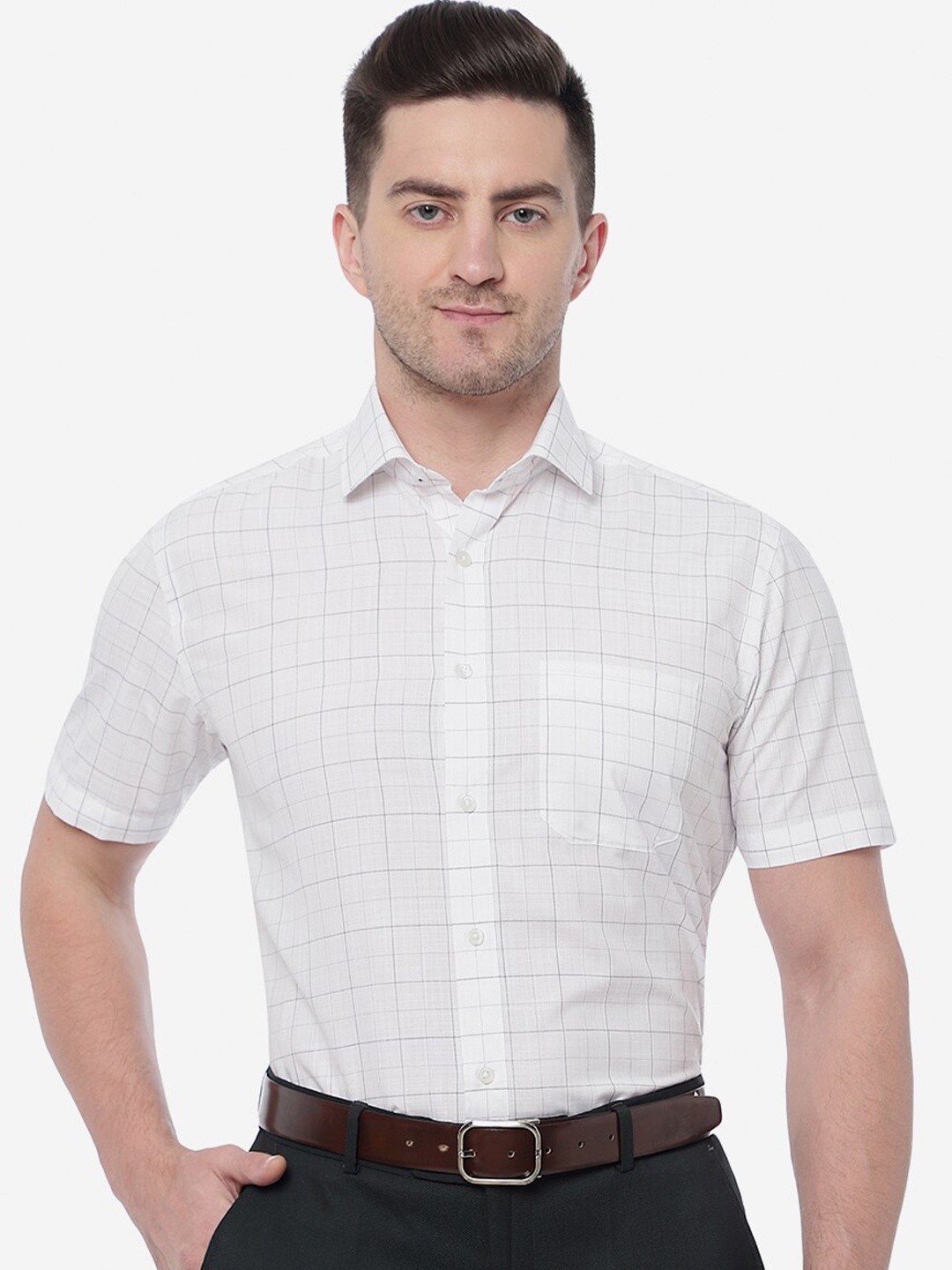 

Greenfibre Men Cotton Grid Tattersall Checked Formal Shirt, White