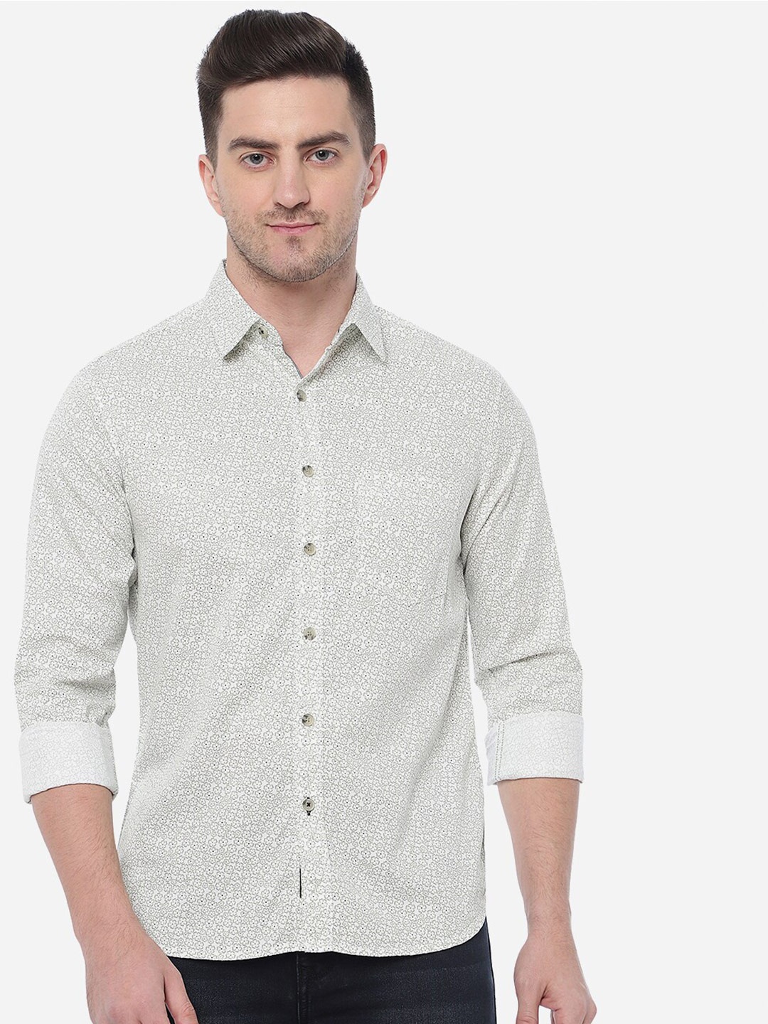

Greenfibre Men Cotton Slim Fit Printed Casual Shirt, Green