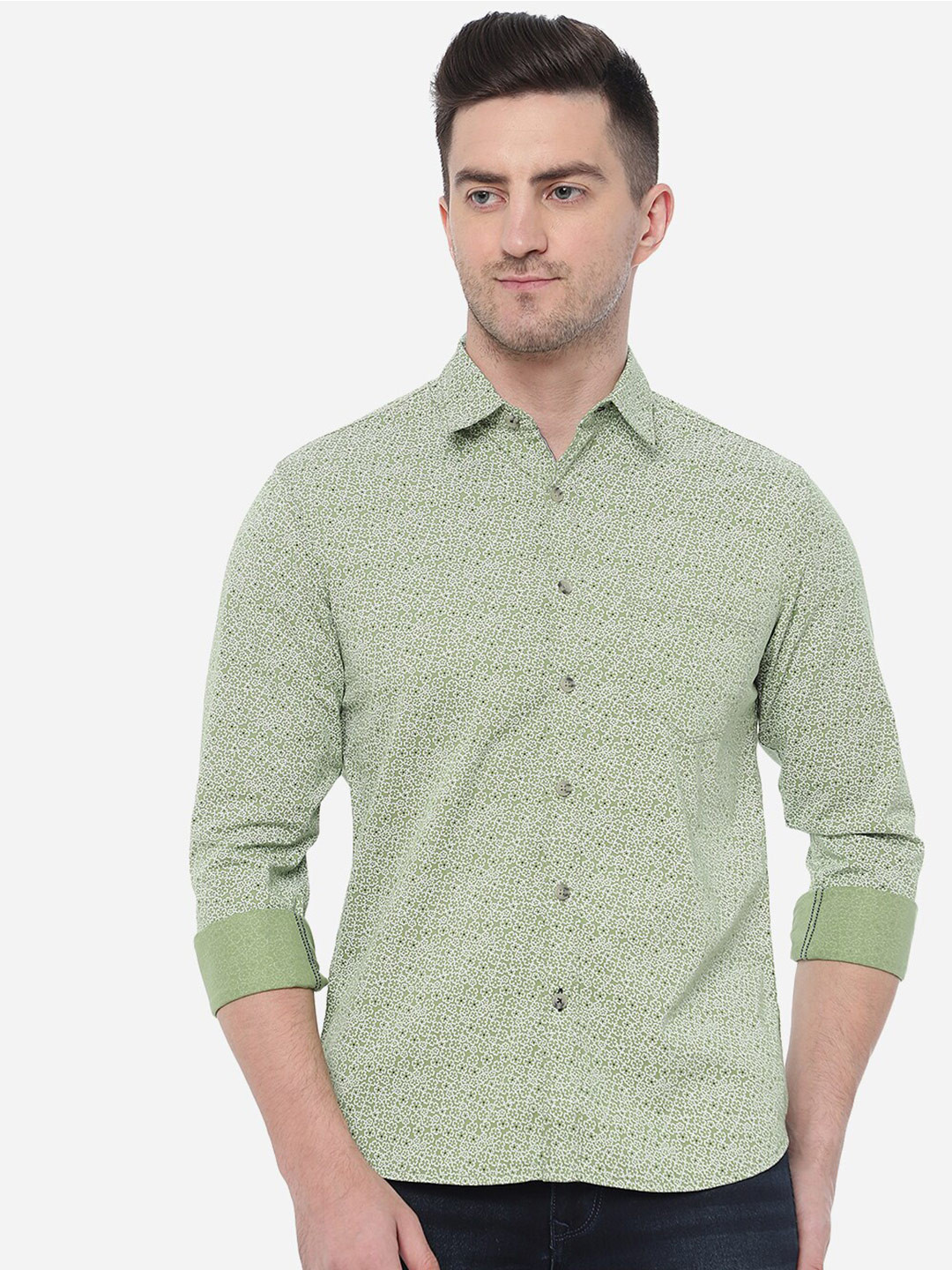 

Greenfibre Men Cotton Slim Fit Abstract Printed Casual Shirt, Green