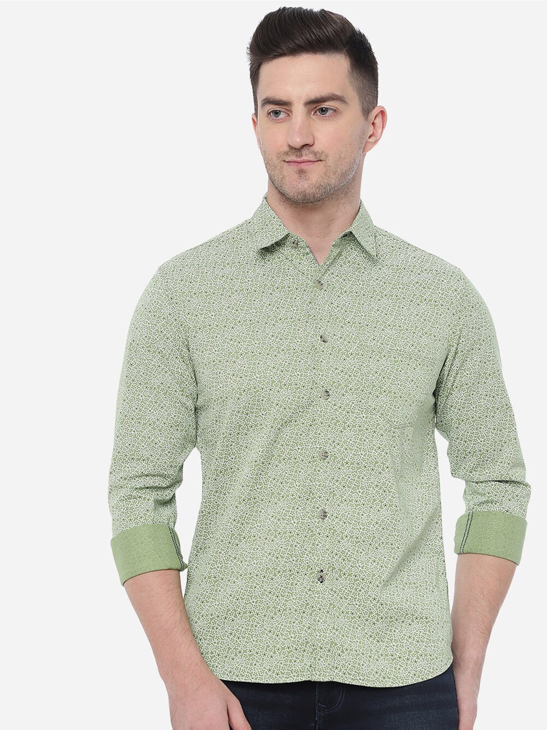 

Greenfibre Men Cotton Slim Fit Abstract Printed Casual Shirt, Green