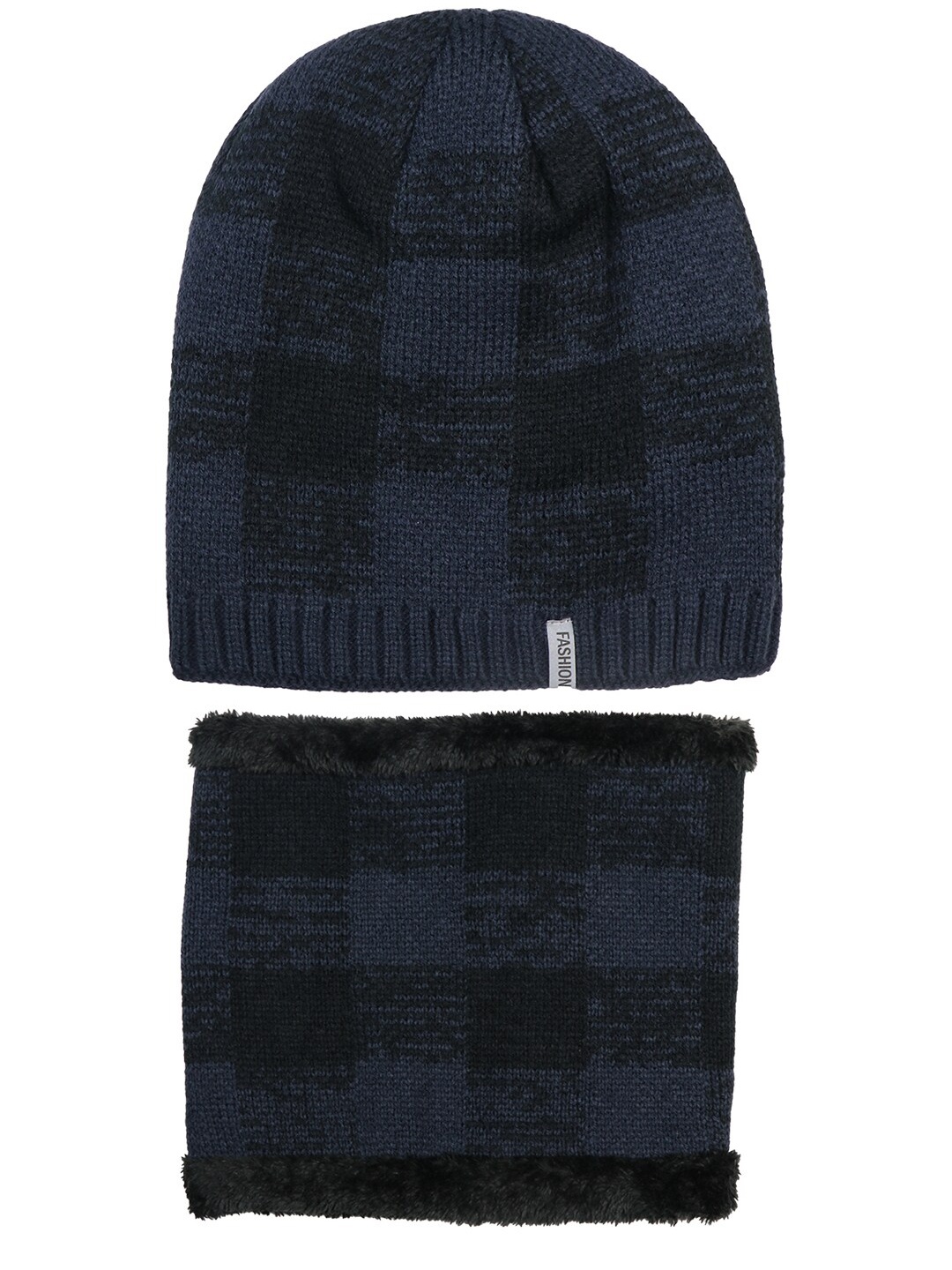 

Bunnywave Self Design Woolen Beanie & Neck Warmer set, Navy blue