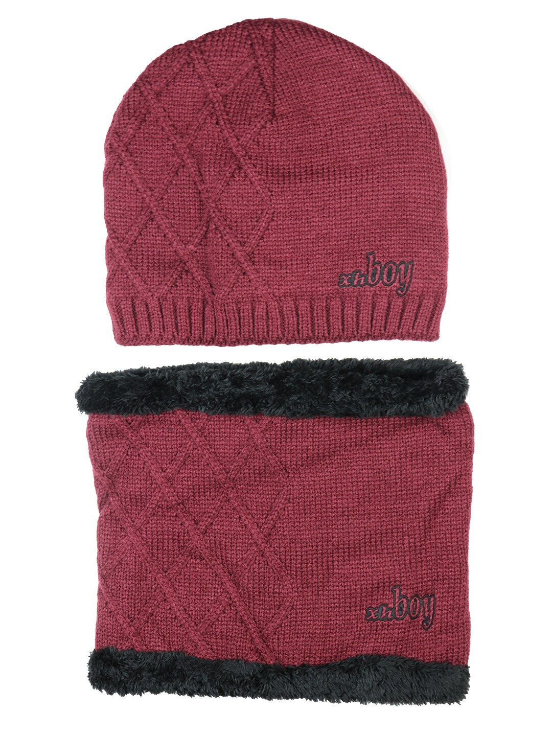 

Bunnywave Self Design Wool Warmer & Beanie, Maroon