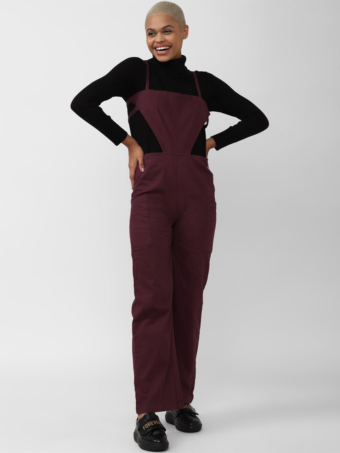 

FOREVER 21 Shoulder Straps Basic Jumpsuit, Maroon