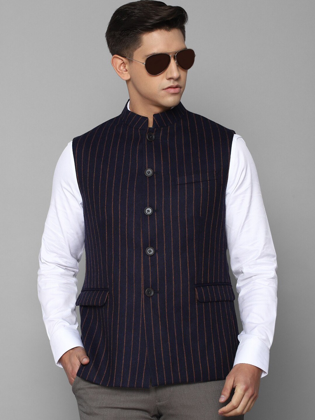 

Louis Philippe Men Striped Pure Wool Nehru Jacket, Black