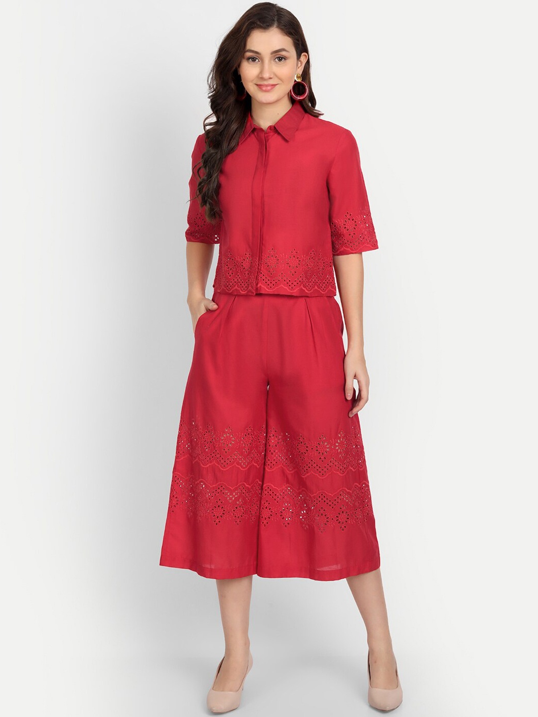 

Aaruvi Ruchi Verma Women Cutwork Co-Ords, Red