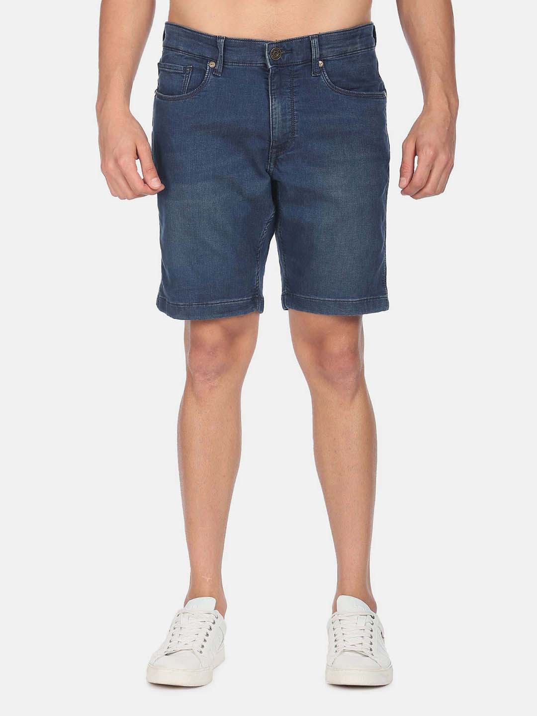 

Flying Machine Men Washed Washed Denim Shorts, Blue
