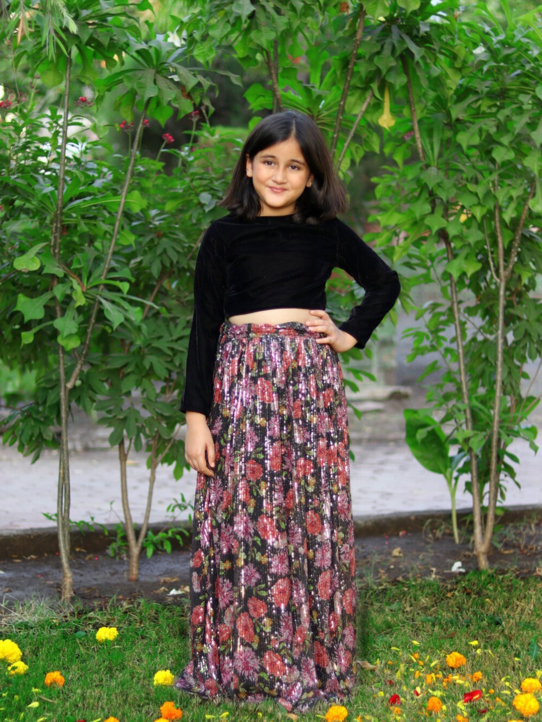 

PICCOLO Girls Black & Pink Sequinned Ready to Wear Lehenga Choli