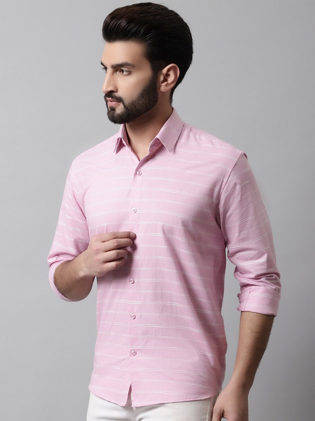 

JAINISH Men Classic Horizontal Stripes Striped Cotton Casual Shirt, Pink