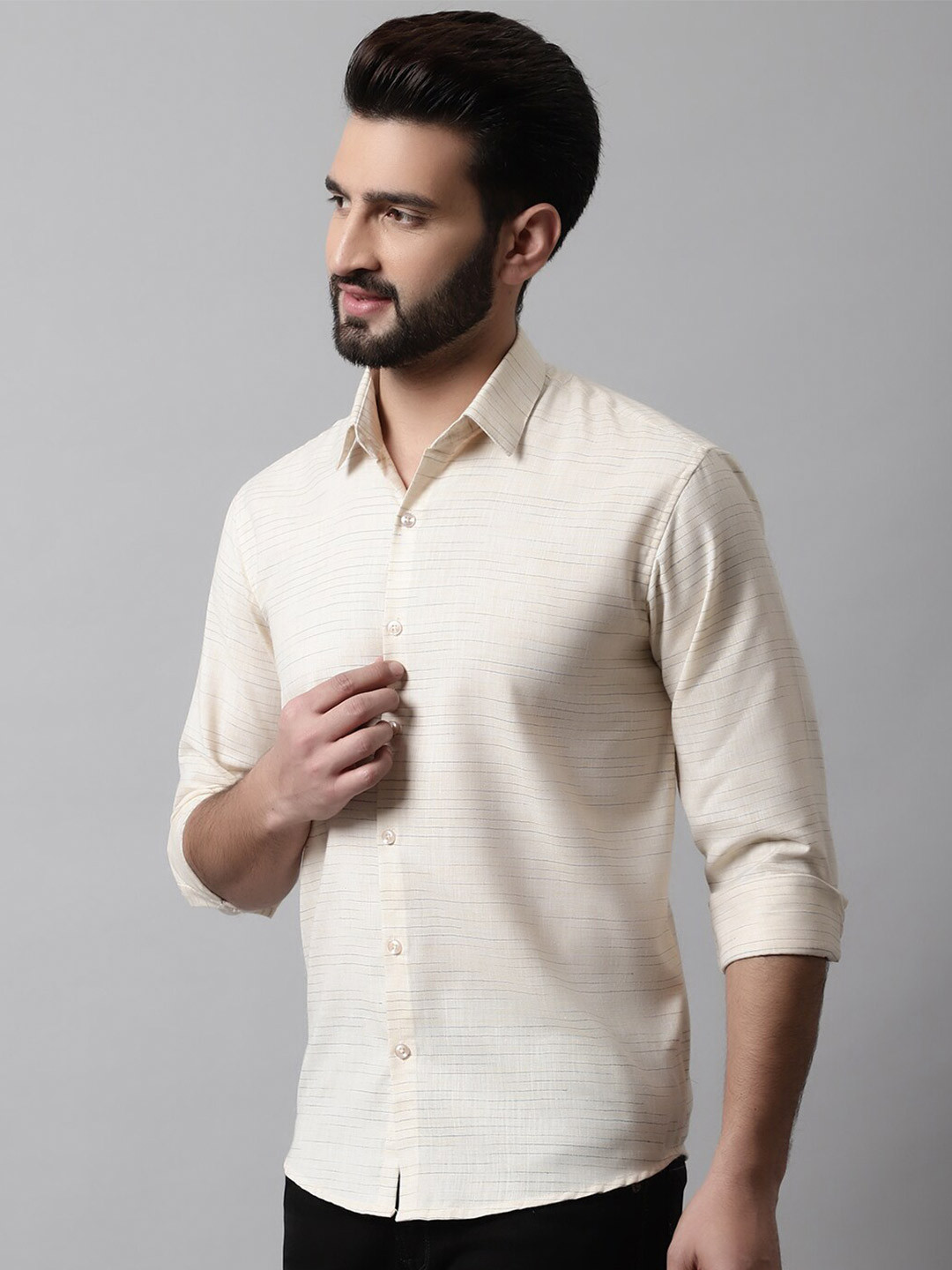 

JAINISH Men Classic Horizontal Striped Cotton Casual Shirt, Cream