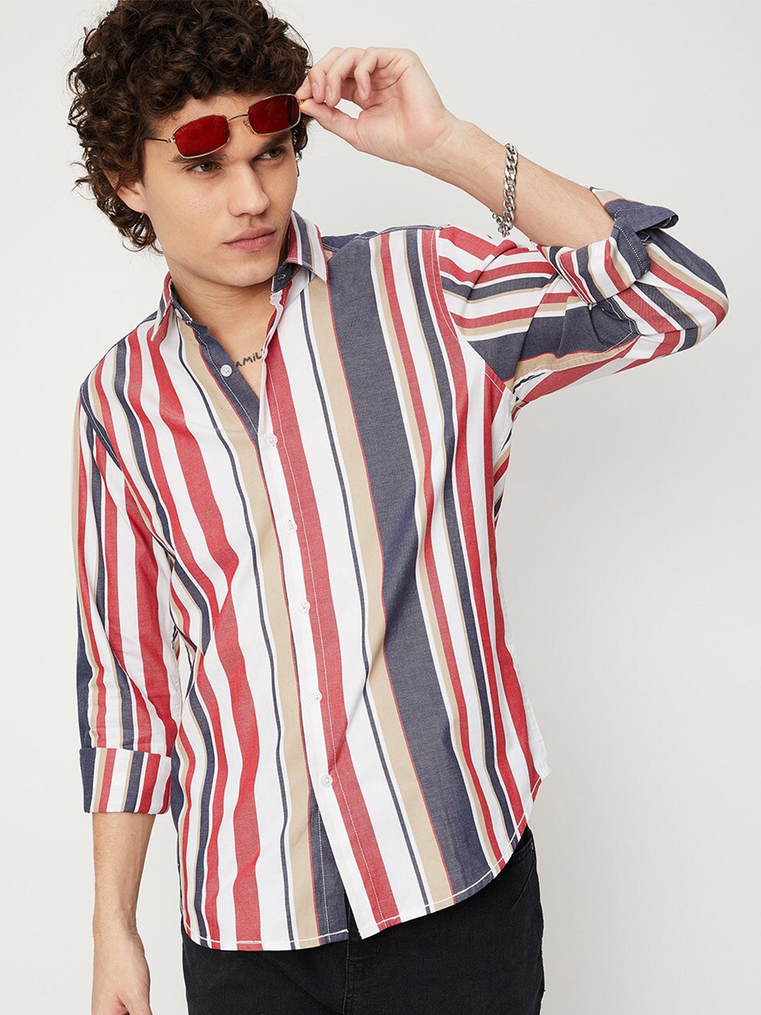 

max Spread Collar Striped Casual Shirt, White