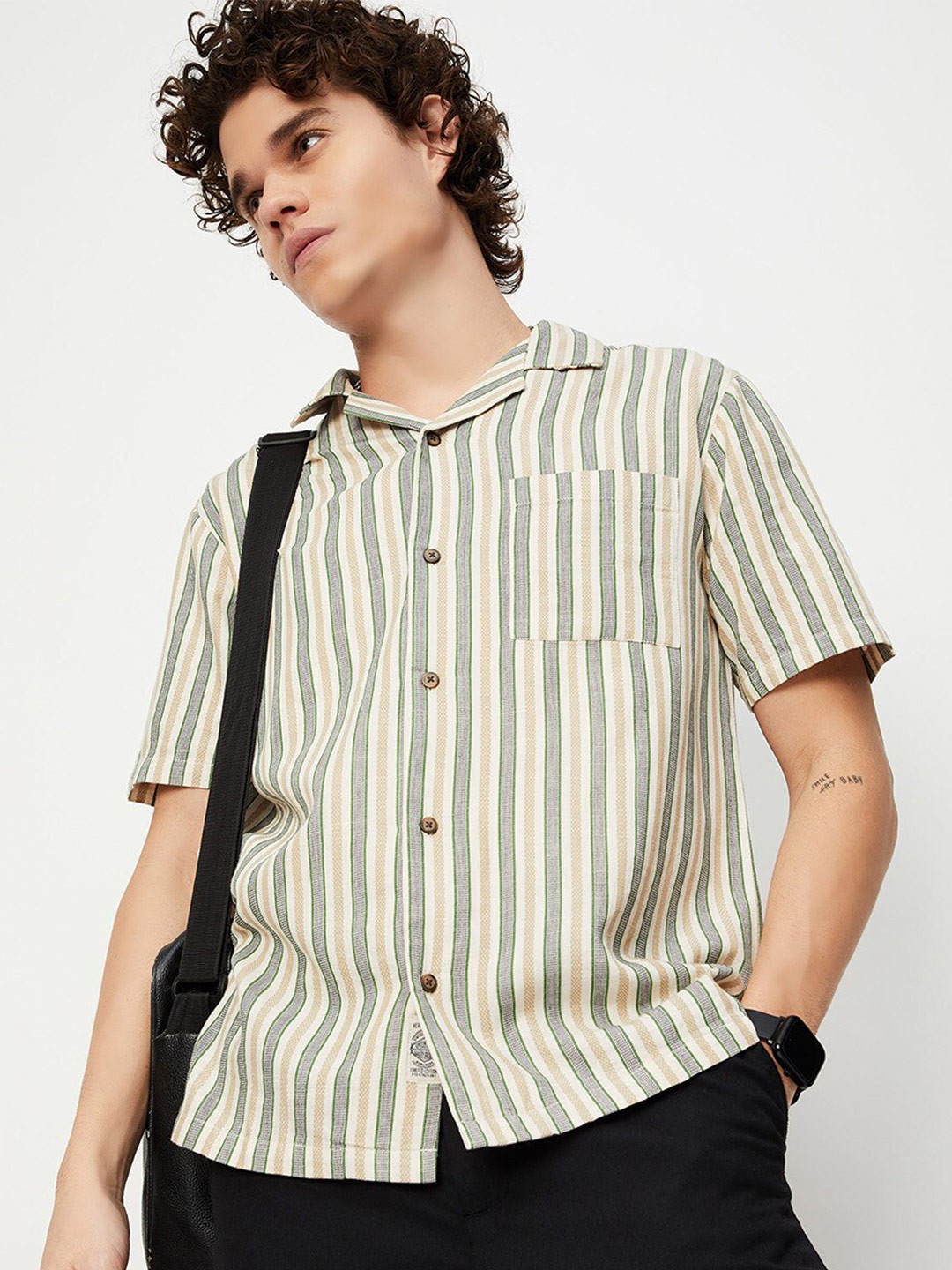 

max Men Striped Cotton Casual Shirt, Off white