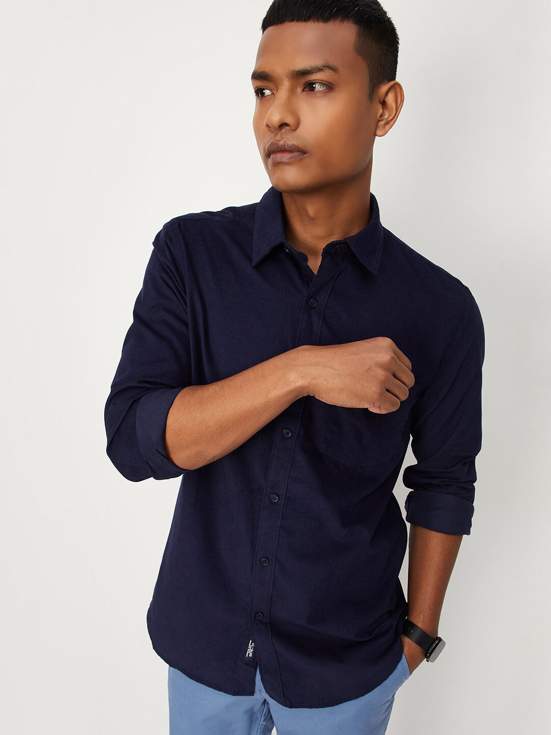 

max Men Pure Cotton Spread Collar Casual Shirt, Blue