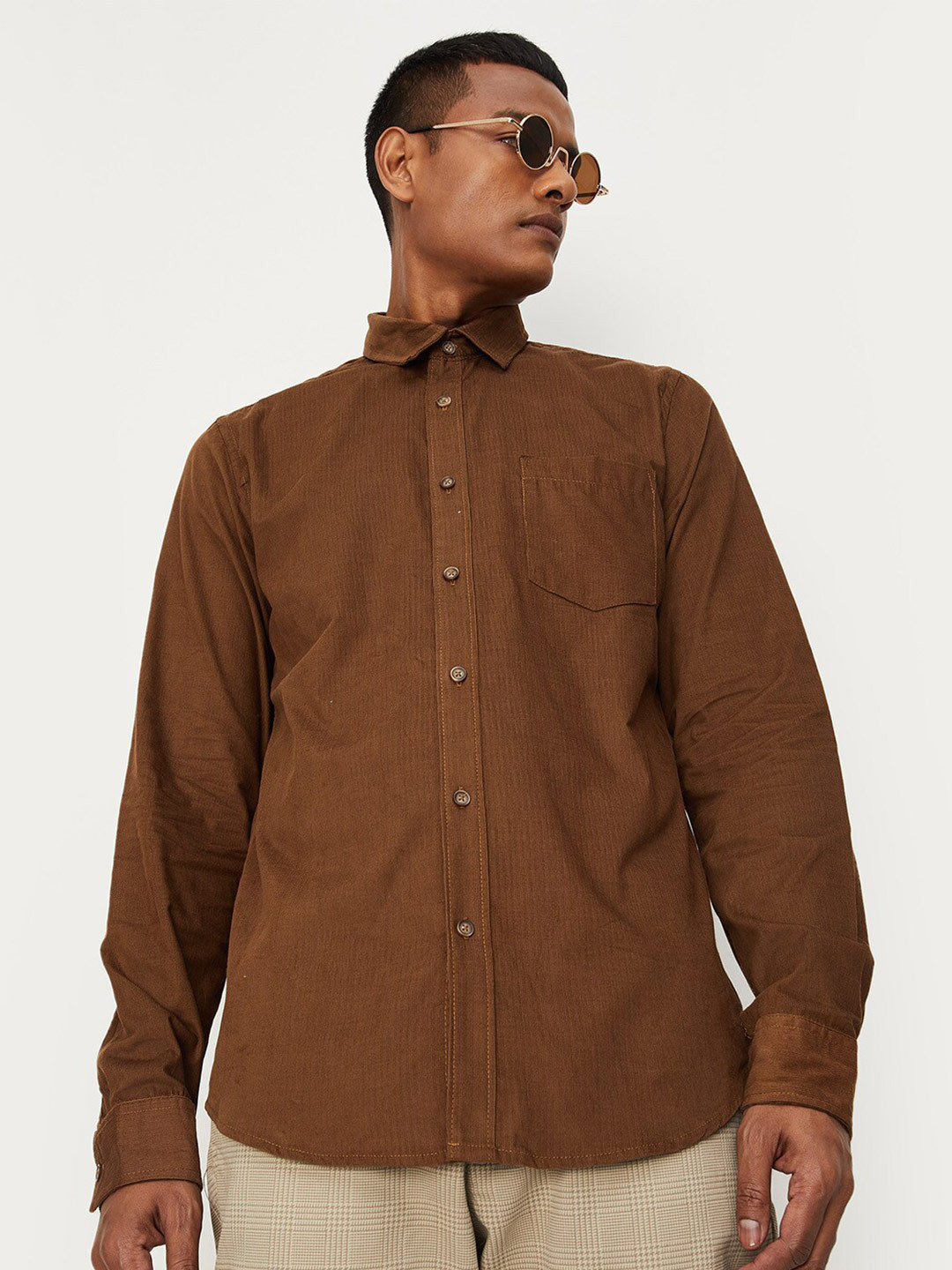 

max Men Pure Cotton Casual Spread Collar Shirt, Brown
