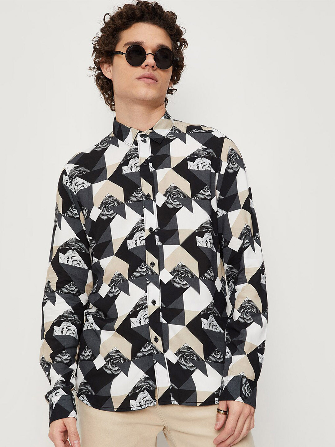 

max Men Geometric Printed Casual Shirt, Black