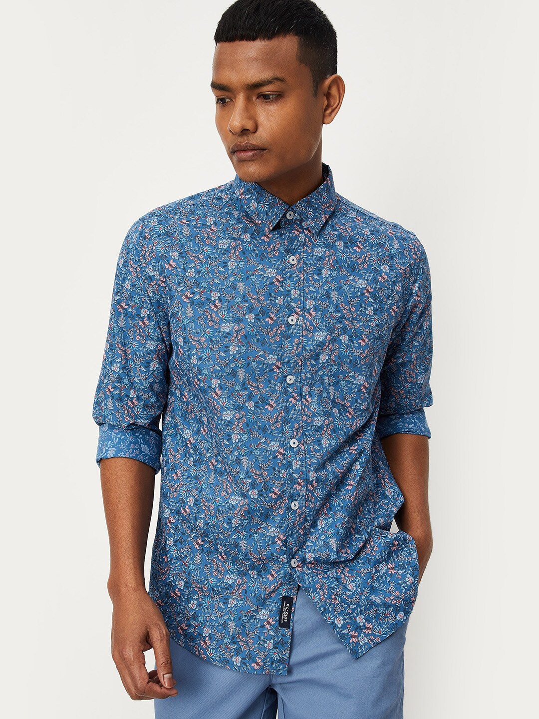 

max Men Pure Cotton Floral Printed Casual Shirt, Blue
