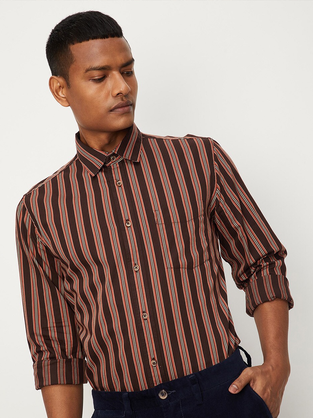 

max Men Striped Pure Cotton Casual Shirt, Brown