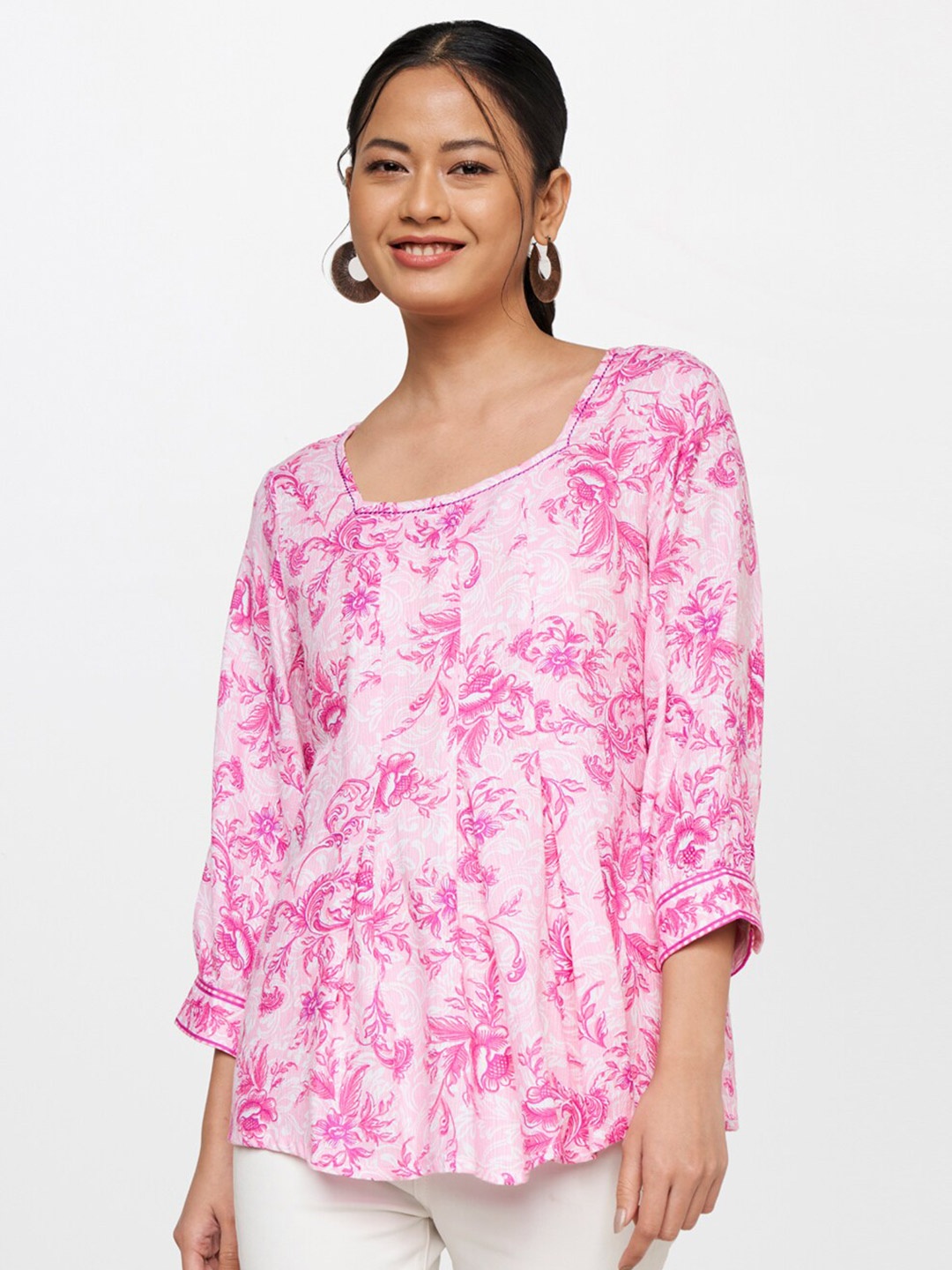 

Global Desi Floral Print Square Neck Top, Pink