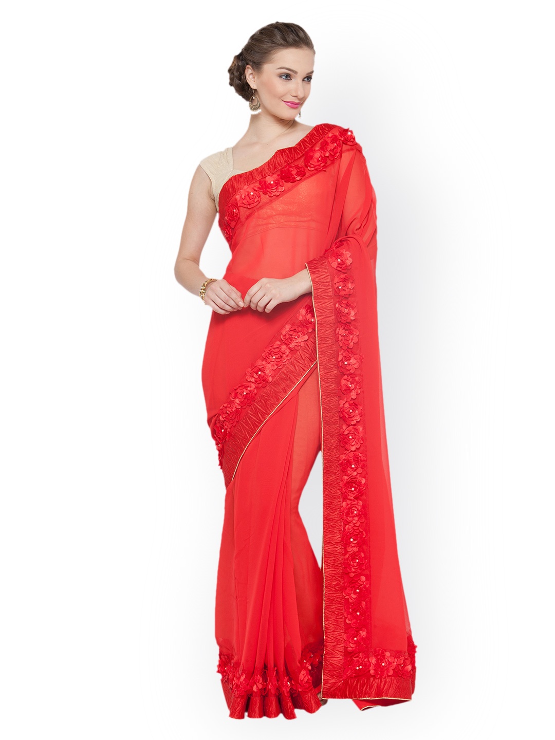 

Kvsfab Red Solid Pure Georgette Saree