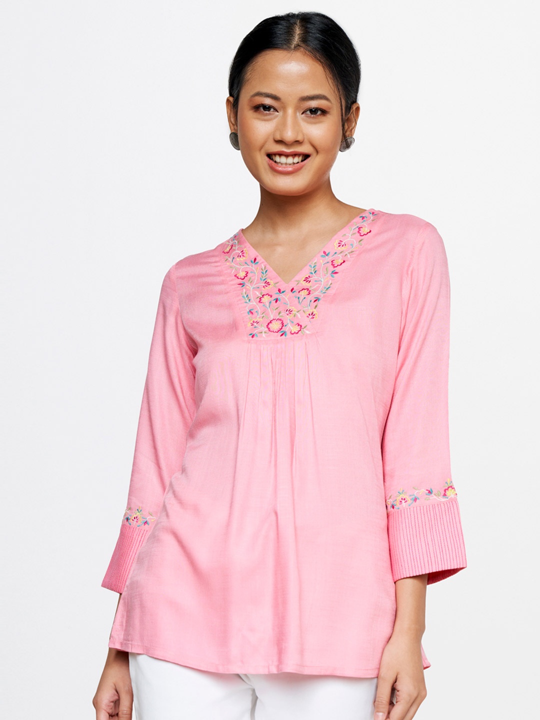 

Global Desi Floral Embroidered V Neck Top, Pink