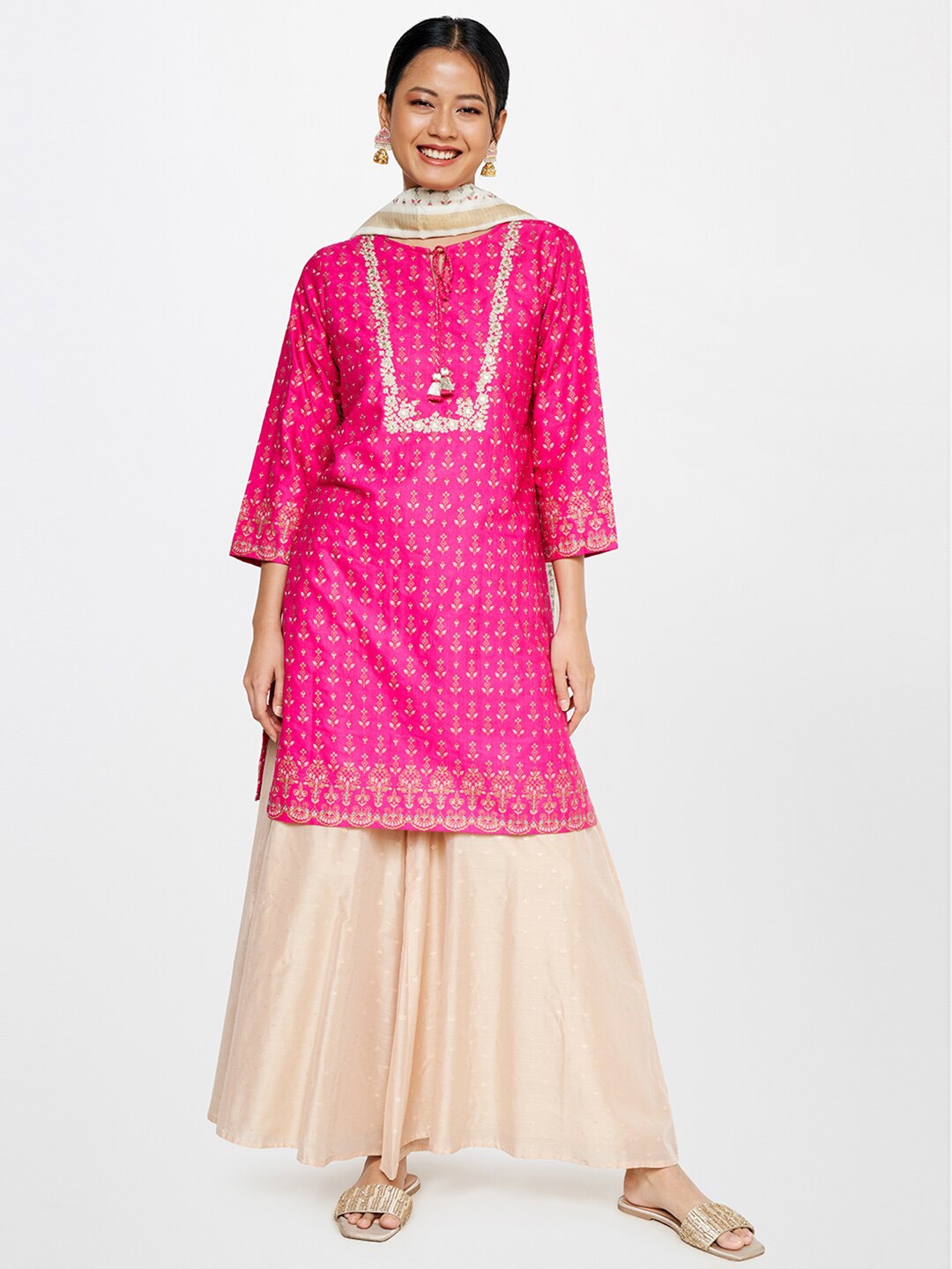 

Global Desi Women Pink Ethnic Motifs Printed Thread Work Kurta with Palazzos & With Dupatta