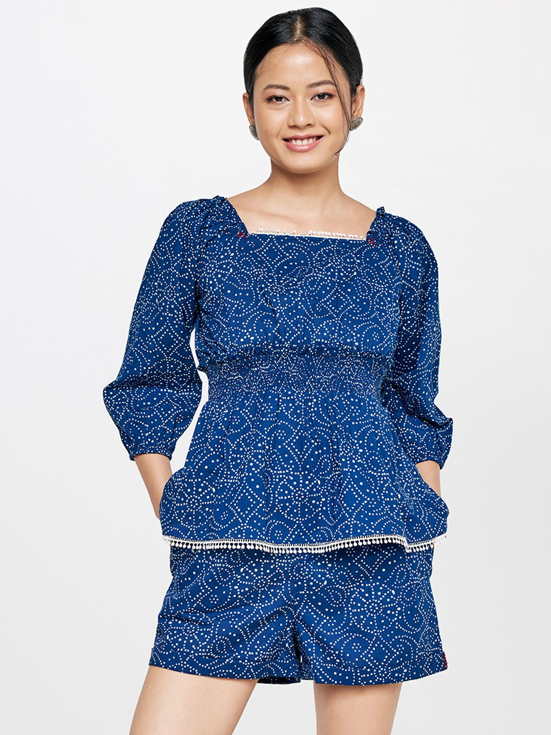 

Global Desi Women Printed Pure Cotton Top with Shorts, Blue