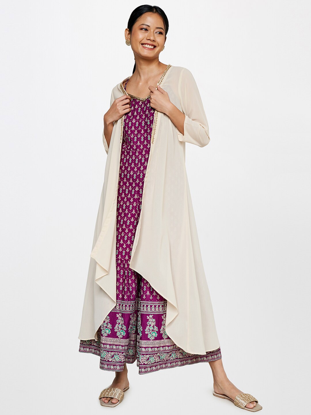 

Global Desi Women Beige Embellished Longline Shrug