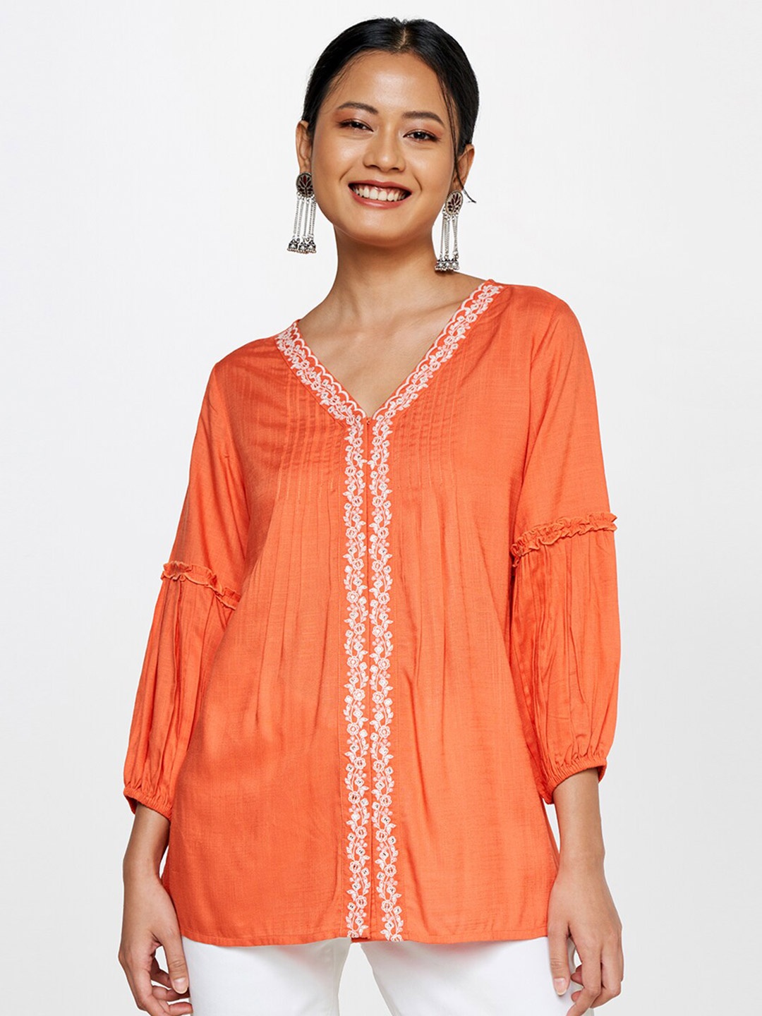 

Global Desi Orange Floral Embroidered A-Line Top