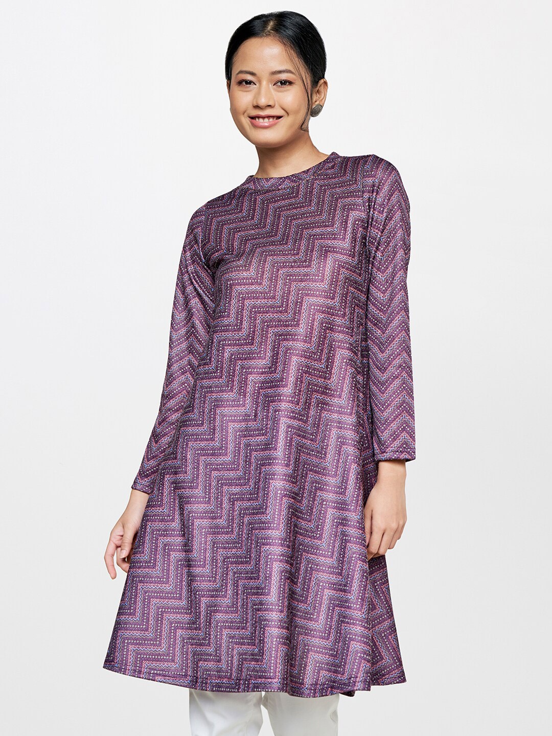 

Global Desi Mandarin Collar Printed Tunic, Purple