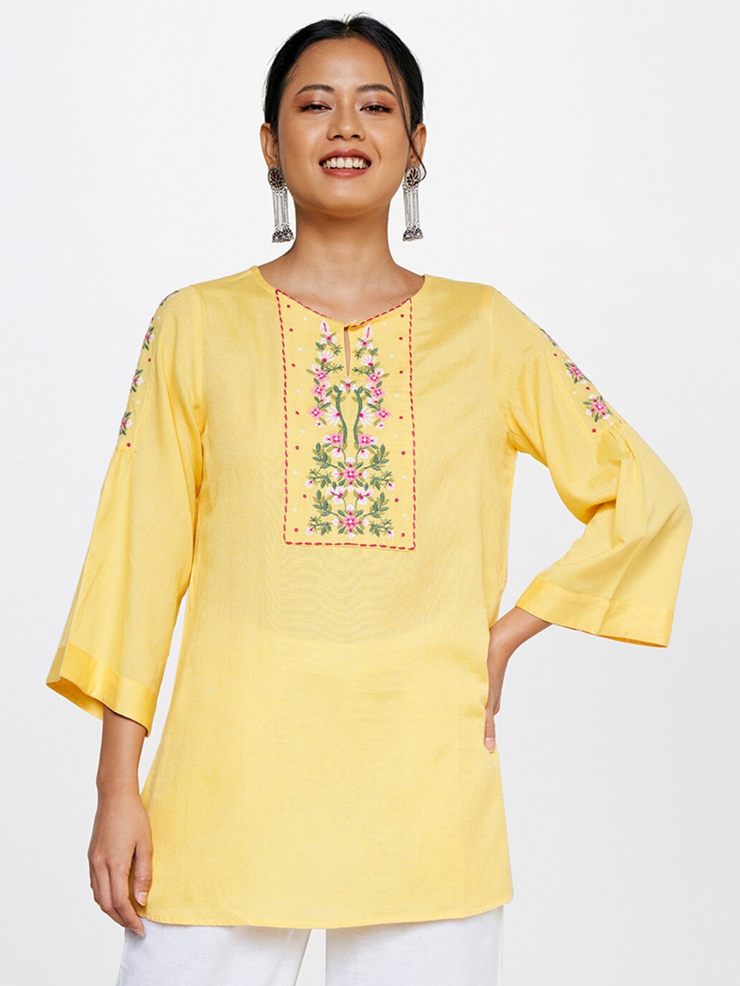 

Global Desi Printed Viscose Rayon Embroidered Tunic, Yellow