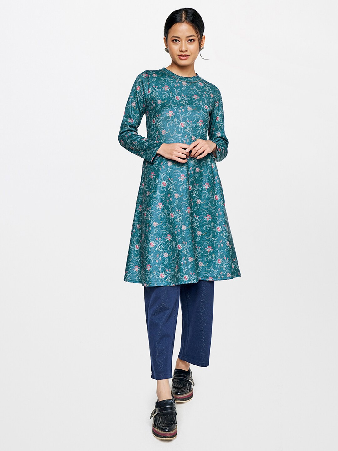 

Global Desi Mandarin Collar Printed Tunic, Green