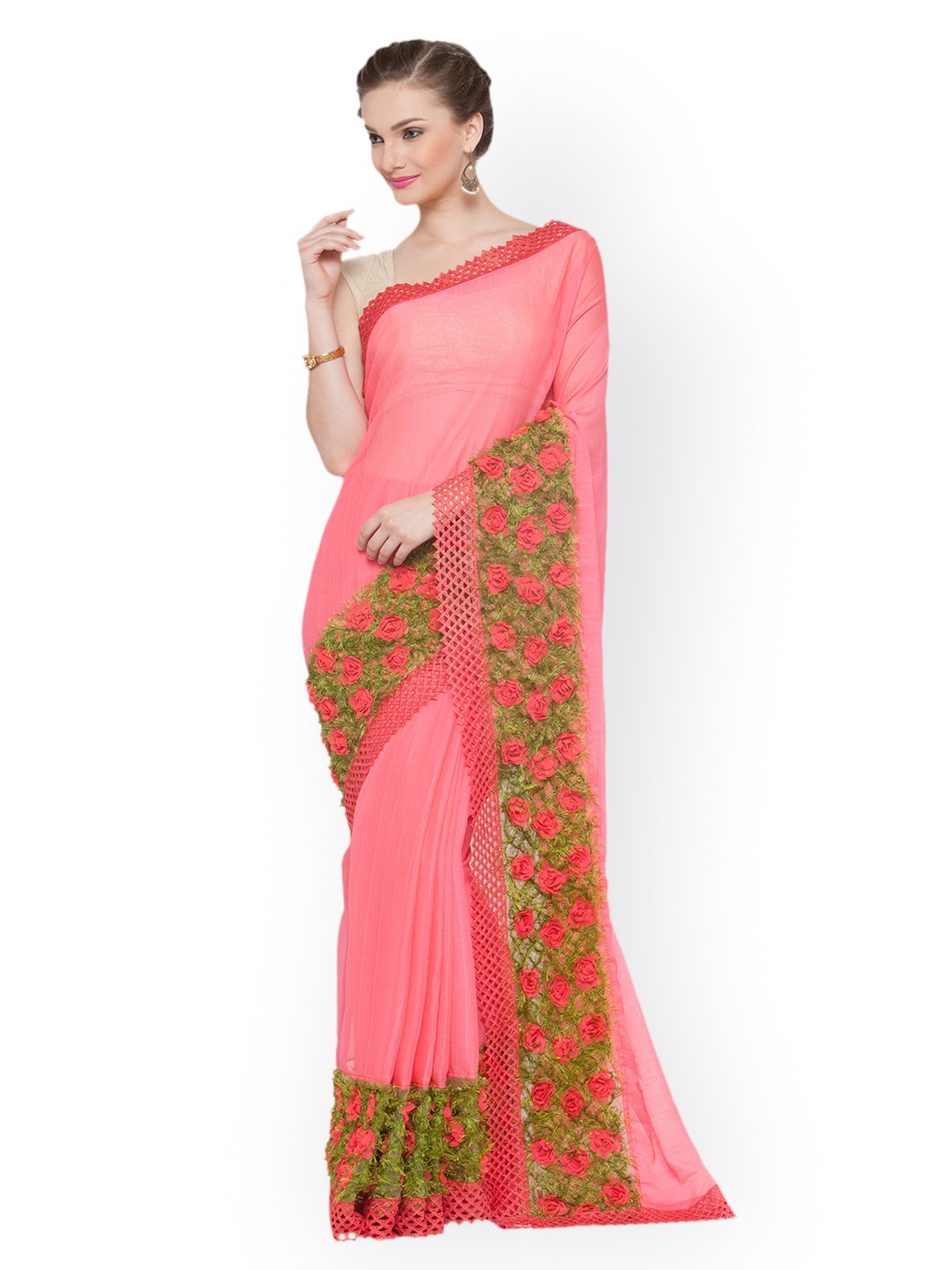 

Kvsfab Pink & Green Pure Chiffon Solid Saree