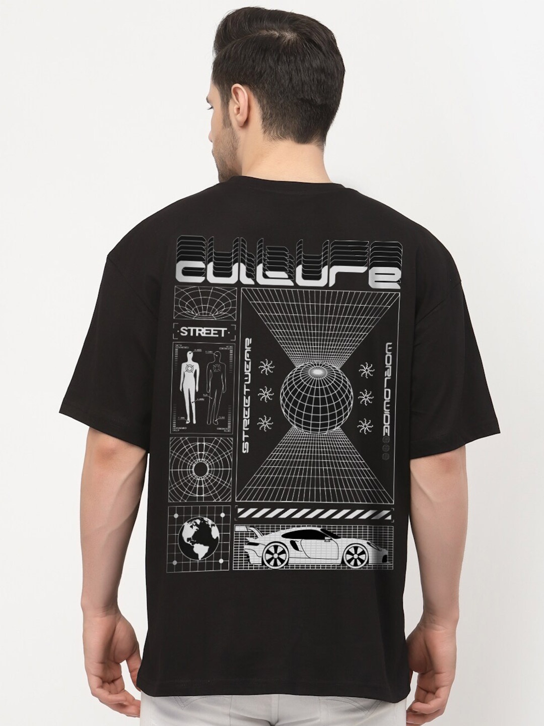 THREADCURRY Men Printed Oversized Streetwear Tshirt, Black