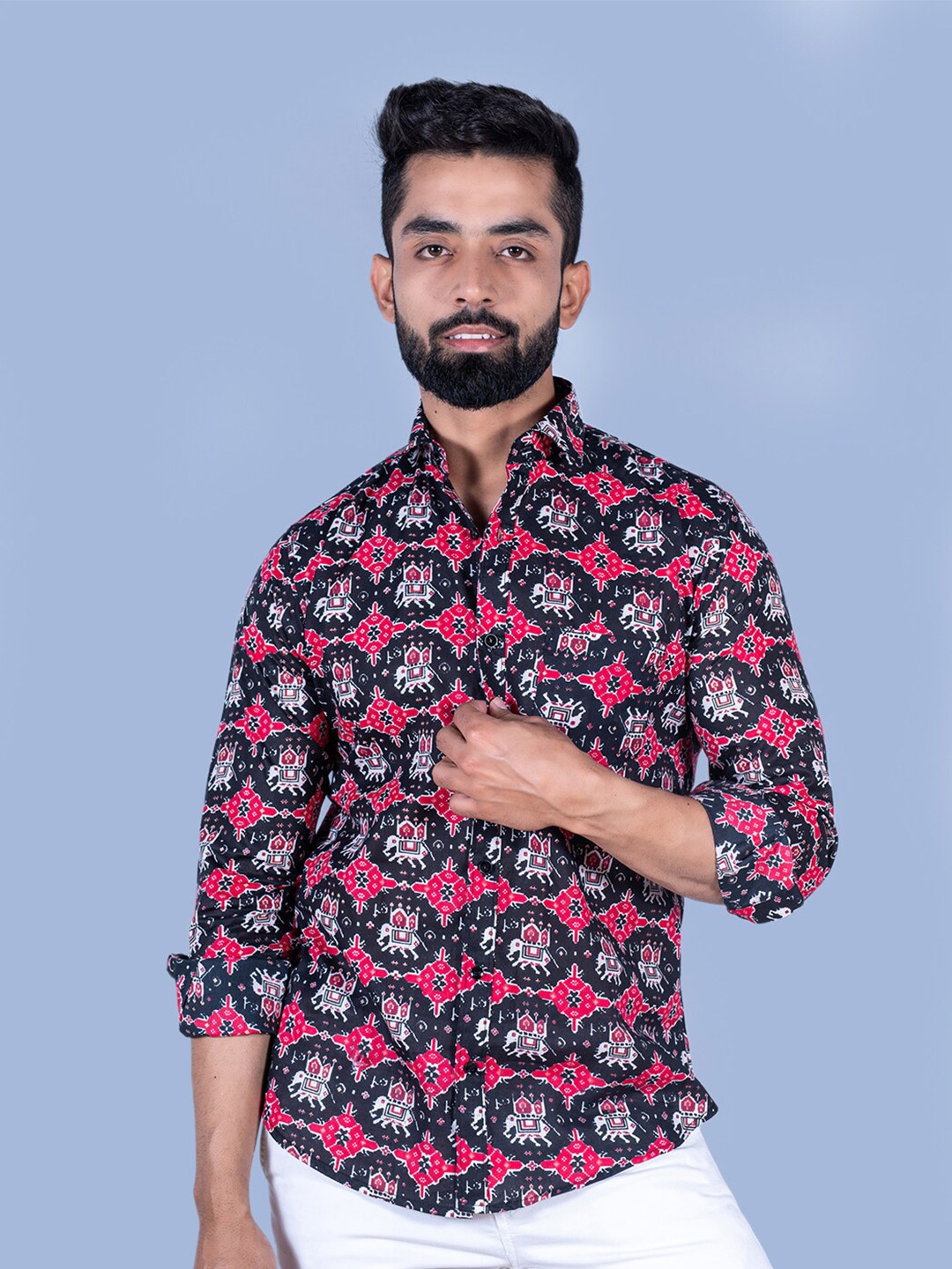 

Tistabene Men Elephant Ikat Printed Cotton Casual Shirt, Pink