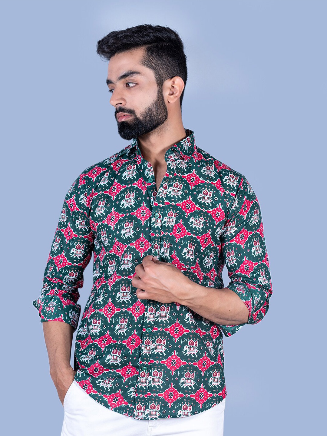 

Tistabene Men Elephant Ikat Printed Cotton Casual Shirt, Pink