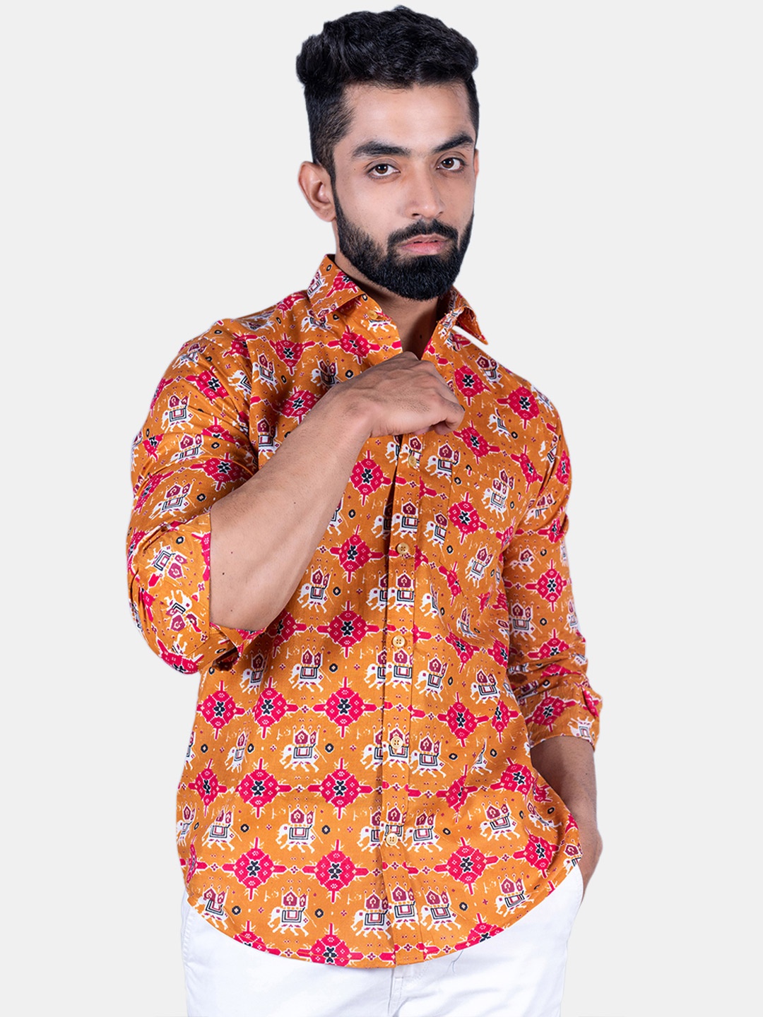 

Tistabene Men Elephant Ikat Printed Cotton Casual Shirt, Mustard