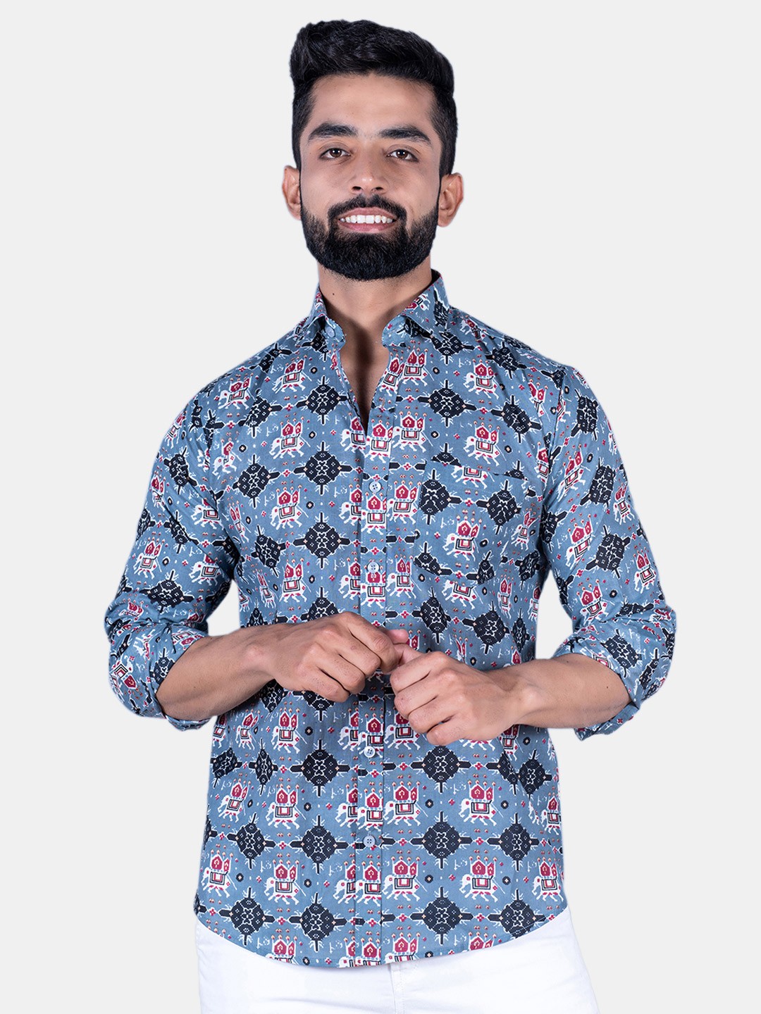 

Tistabene Men Elephant Ikat Printed Cotton Casual Shirt, Blue