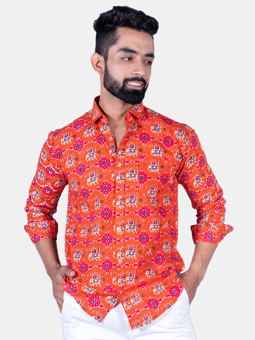 

Tistabene Men Elephant Ikat Printed Cotton Casual Shirt, Orange