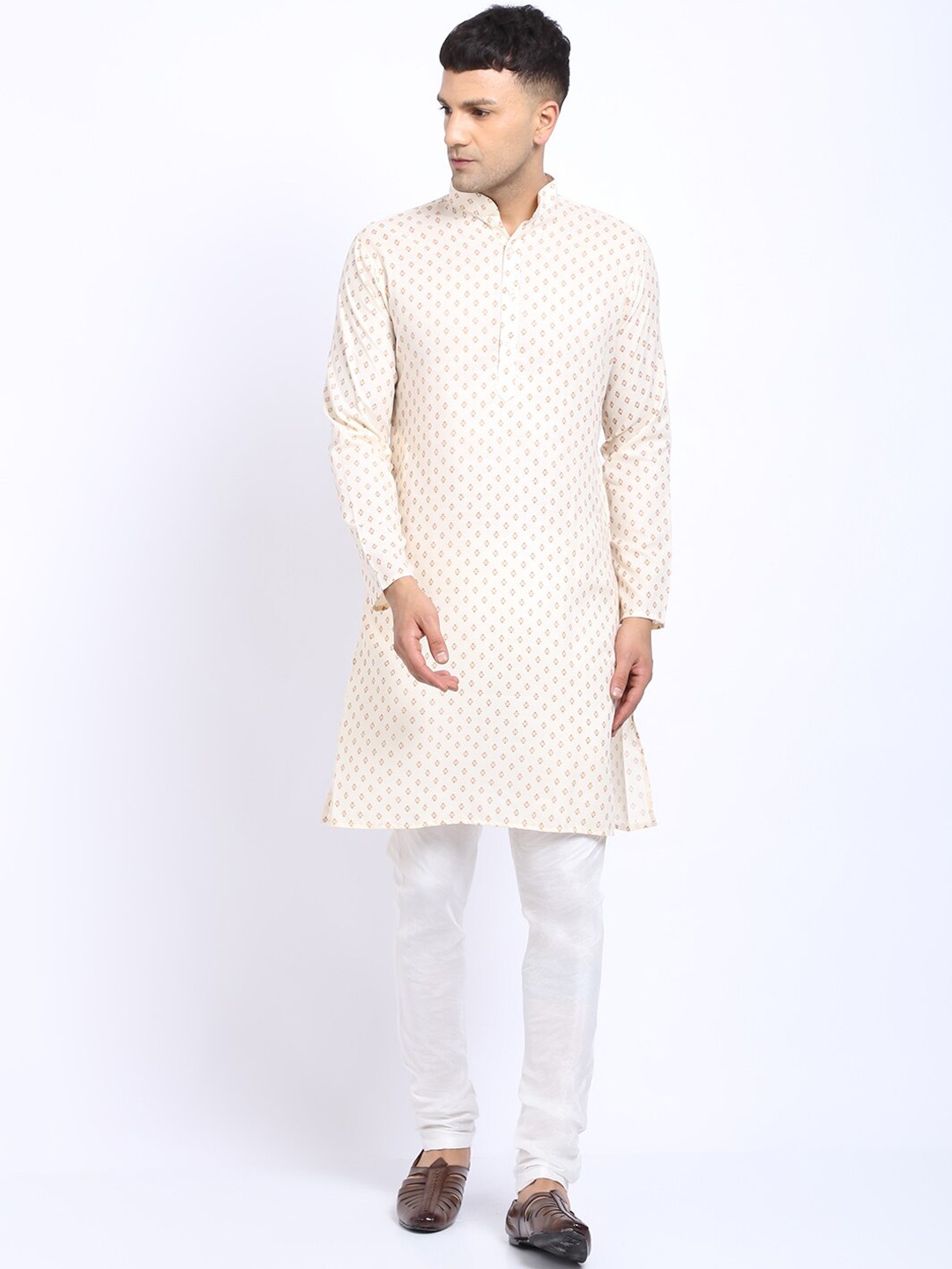 

TREEMODA Men Ethnic Motifs Printed Pure Cotton Kurta With Pyjamas, Cream