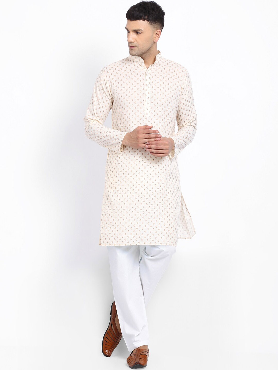 

TREEMODA Men Ethnic Motifs Printed Pure Cotton Kurta with Pyjamas, Cream