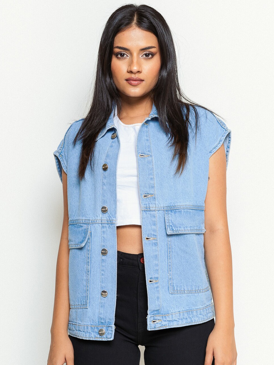 

FREAKINS Women Pure Cotton Denim Jacket, Blue