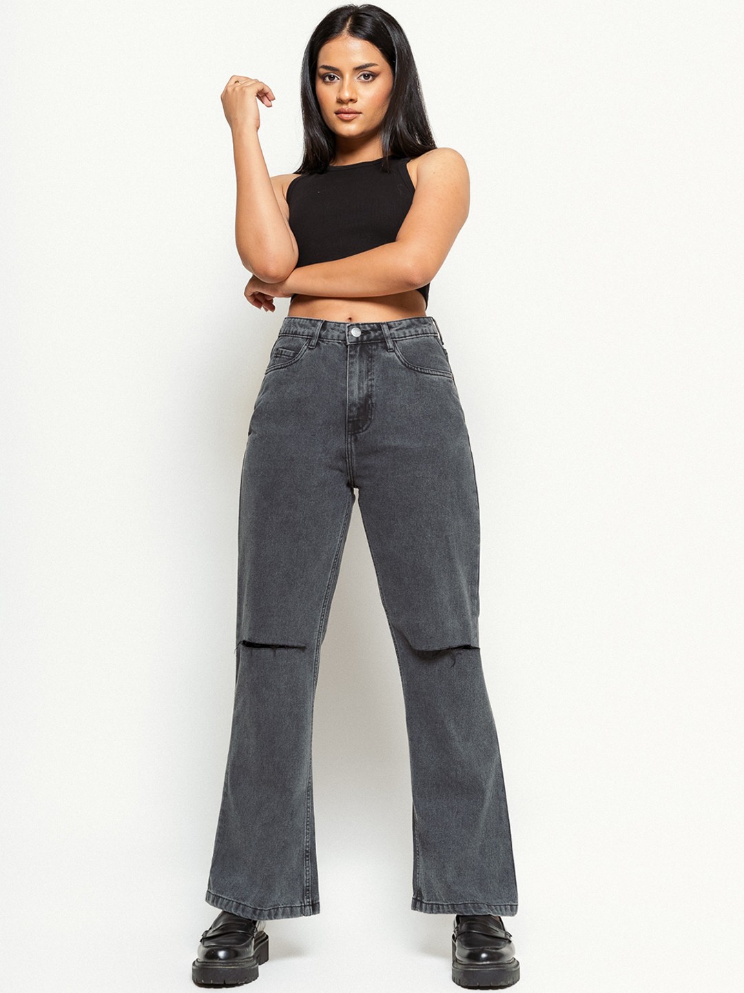 

FREAKINS Women Bootcut High-Rise Slash Knee Light Fade Jeans, Grey
