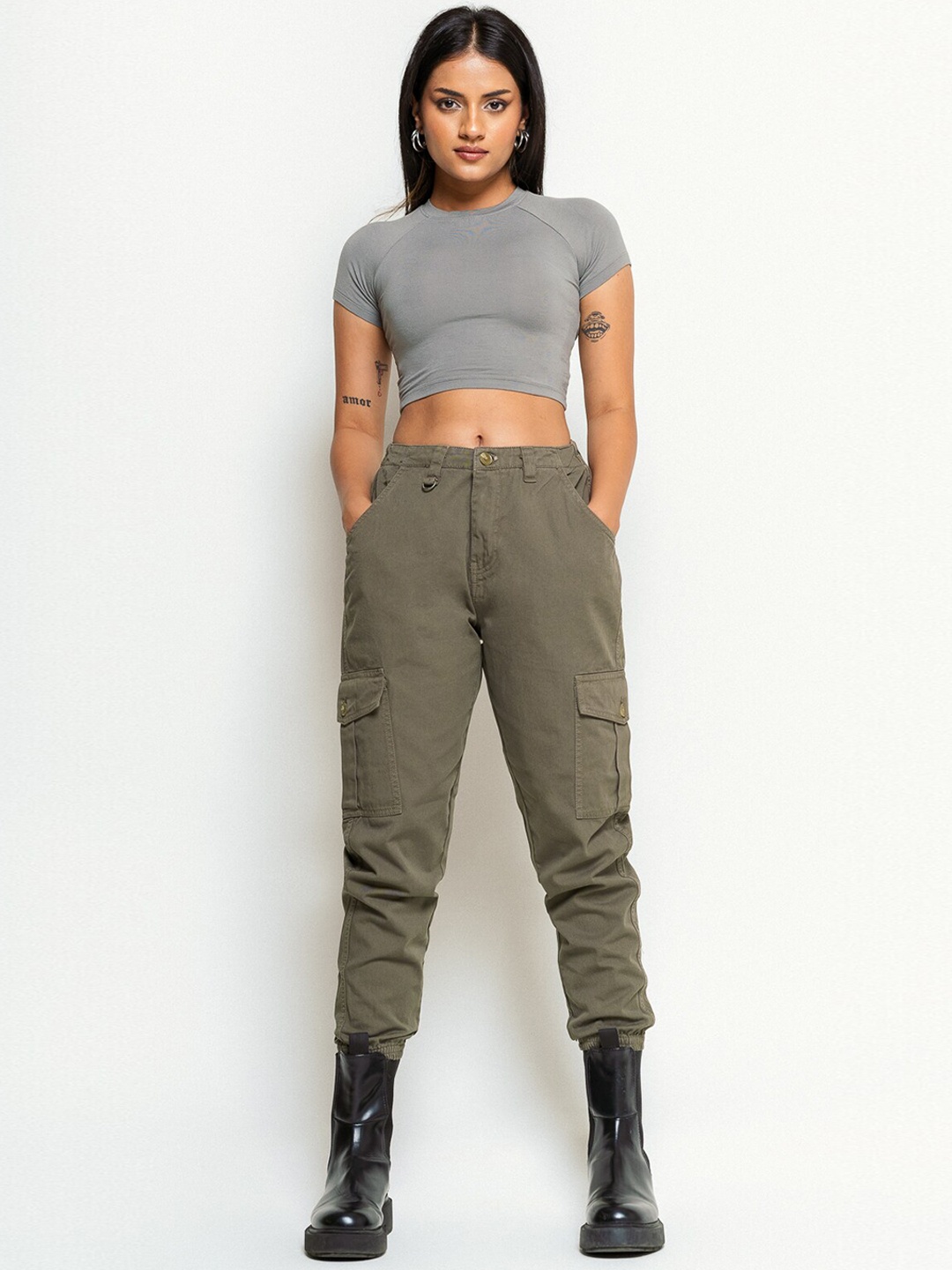 

FREAKINS Women Jogger High-Rise Jeans, Olive